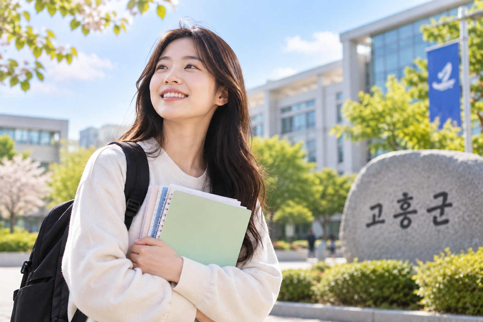 고흥의 대학 캠퍼스를 배경으로 교재와 노트를 들고 밝게 웃는 대학생의 모습