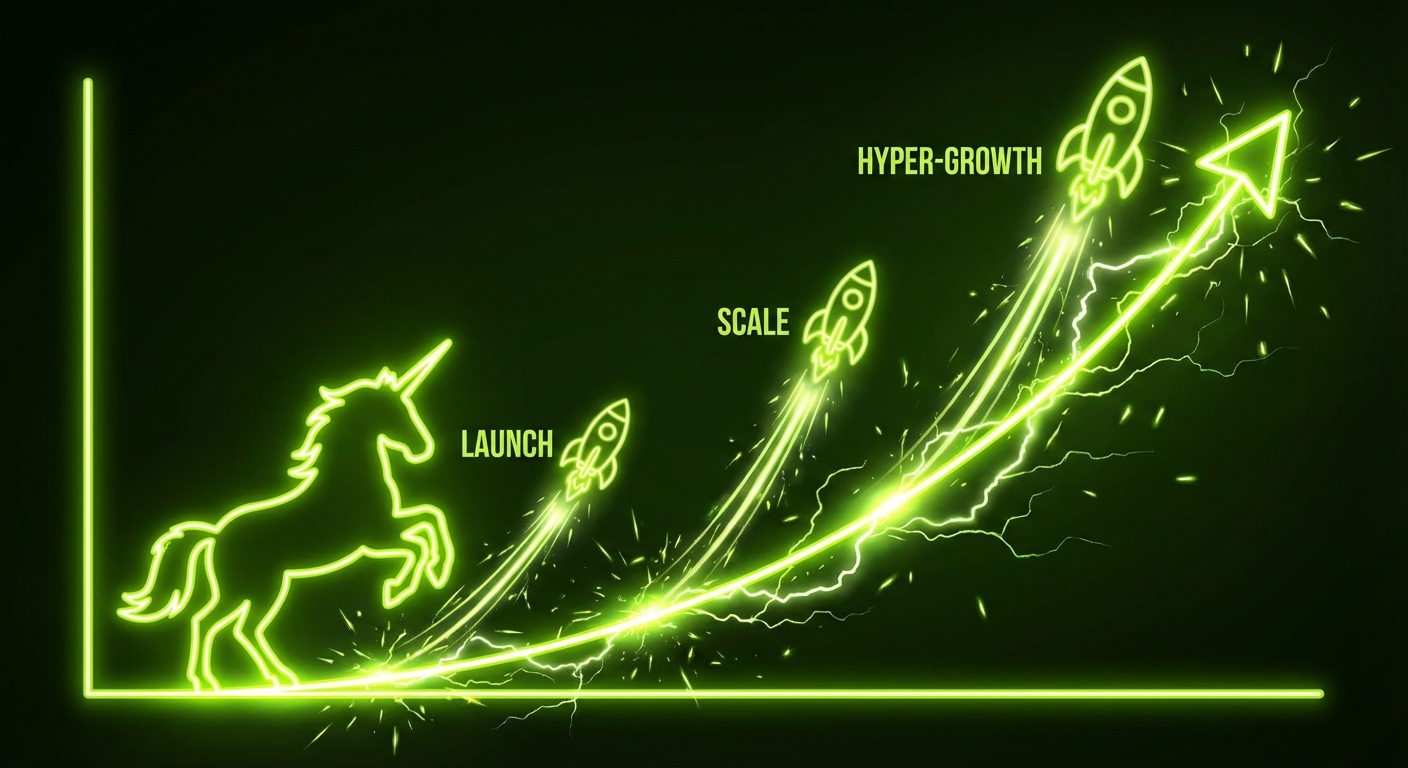 스타트업의 급격한 J커브 성장을 시각화한 인포그래픽, 유니콘 기업으로 도약하는 과정을 네온 라임 컬러로 표현