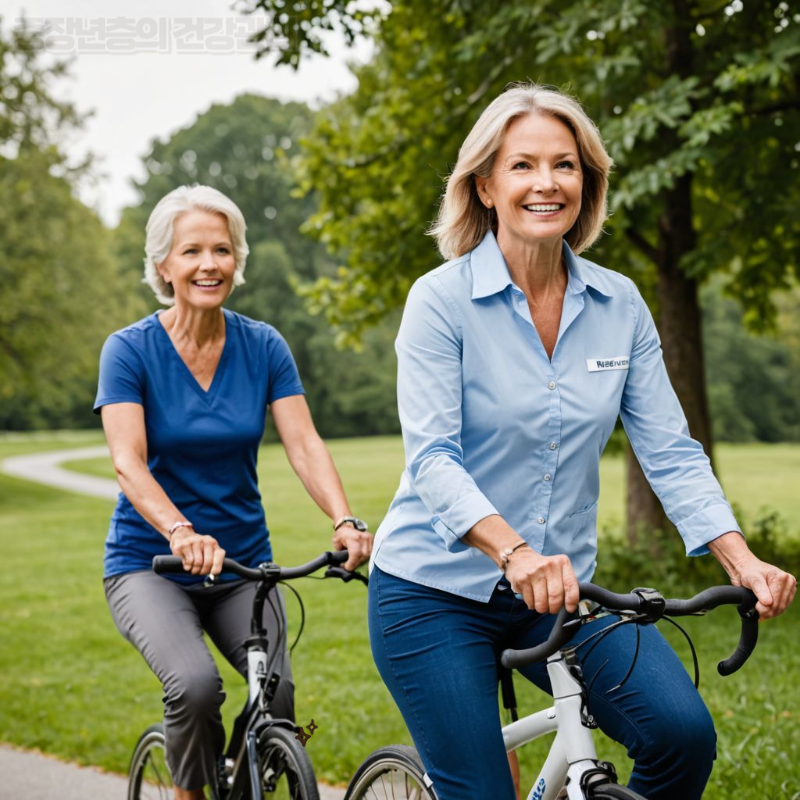 중장년의 여성 두명 자전거 타는 모습