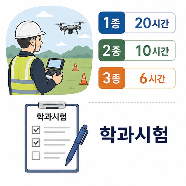 1종 20시간, 2종 10시간, 3종 6시간의 비행경력과 학과시험 준비 과정을 보여주는 그림