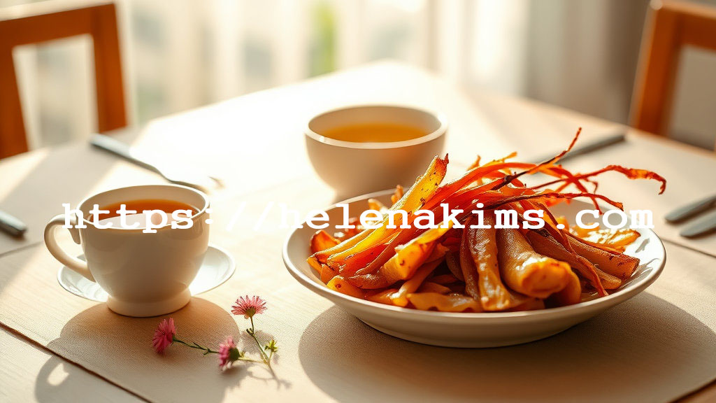 따뜻한 도라지 차와 도라지 정과의 모습.