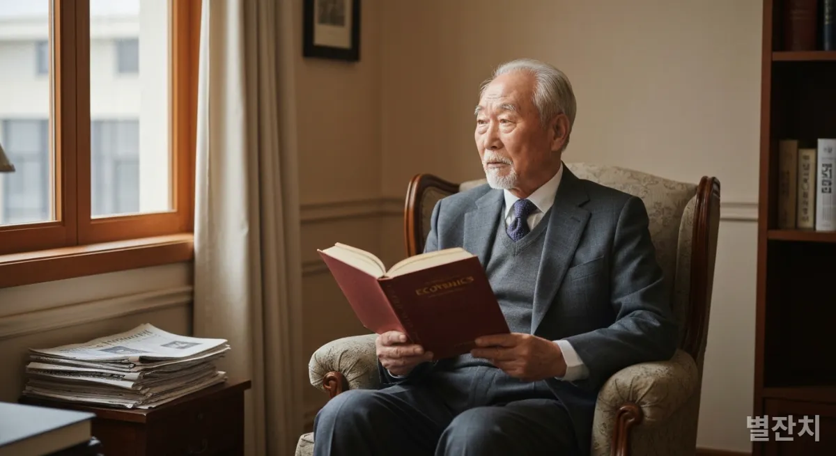 고전 경제학 서적을 들고 창밖을 응시하는 현명한 노년 투자자