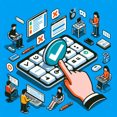 커다란 체크버튼을 누르는 손과 주변에서 작업하는 사람들.