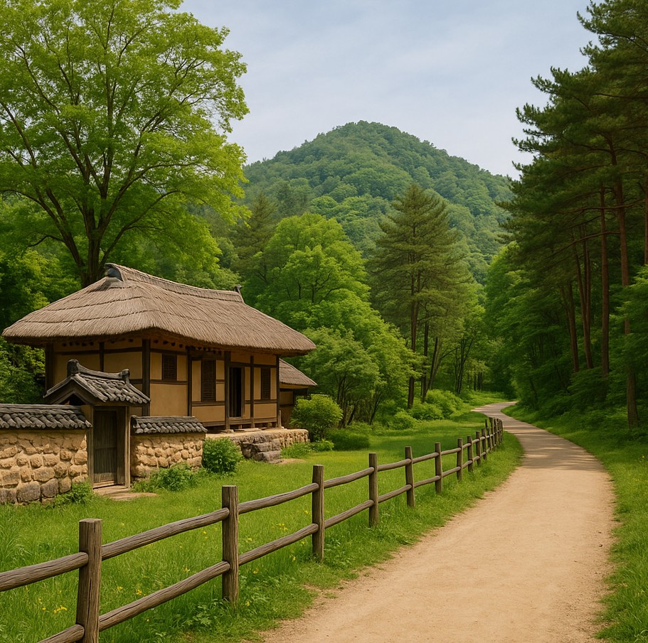 초가집이 보이는 나무 사진