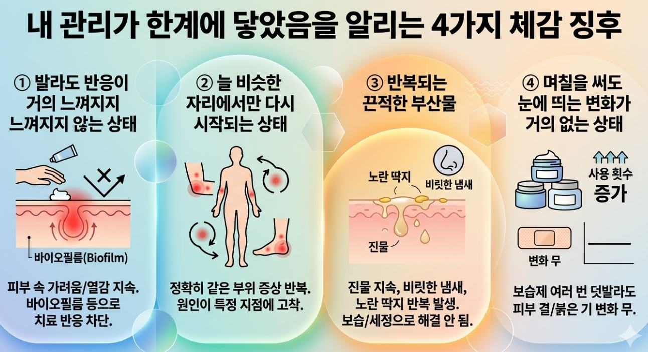 피부염 관리가 한계에 도달했음을 알리는 4가지 체감 징후 인포그래픽