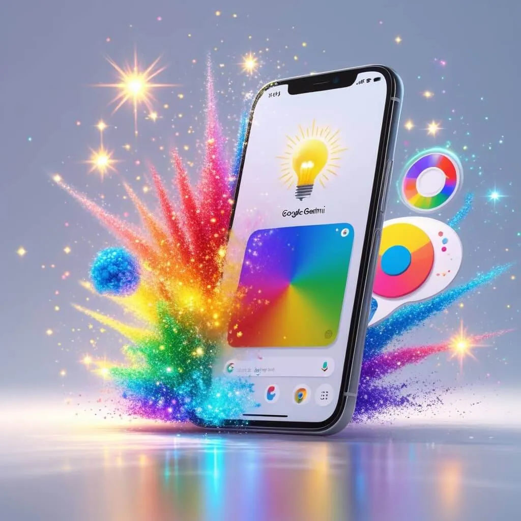 제미나이 사용법: 제미나이의 기능을 스마트폰에서 사용 가능한 것을 다양한 아이콘이 스마트폰 창에서 튀어나오는 것으로 상징적으로 표현한 이미지.