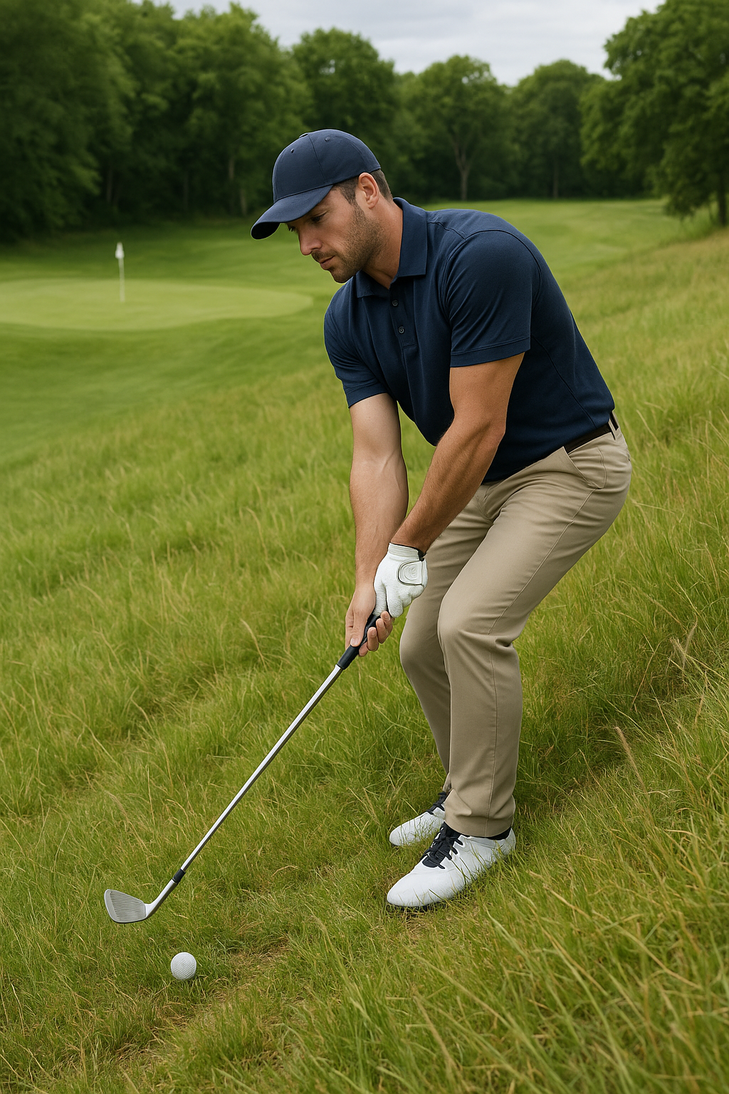 발끝 내리막 아이언 스윙하는 모습