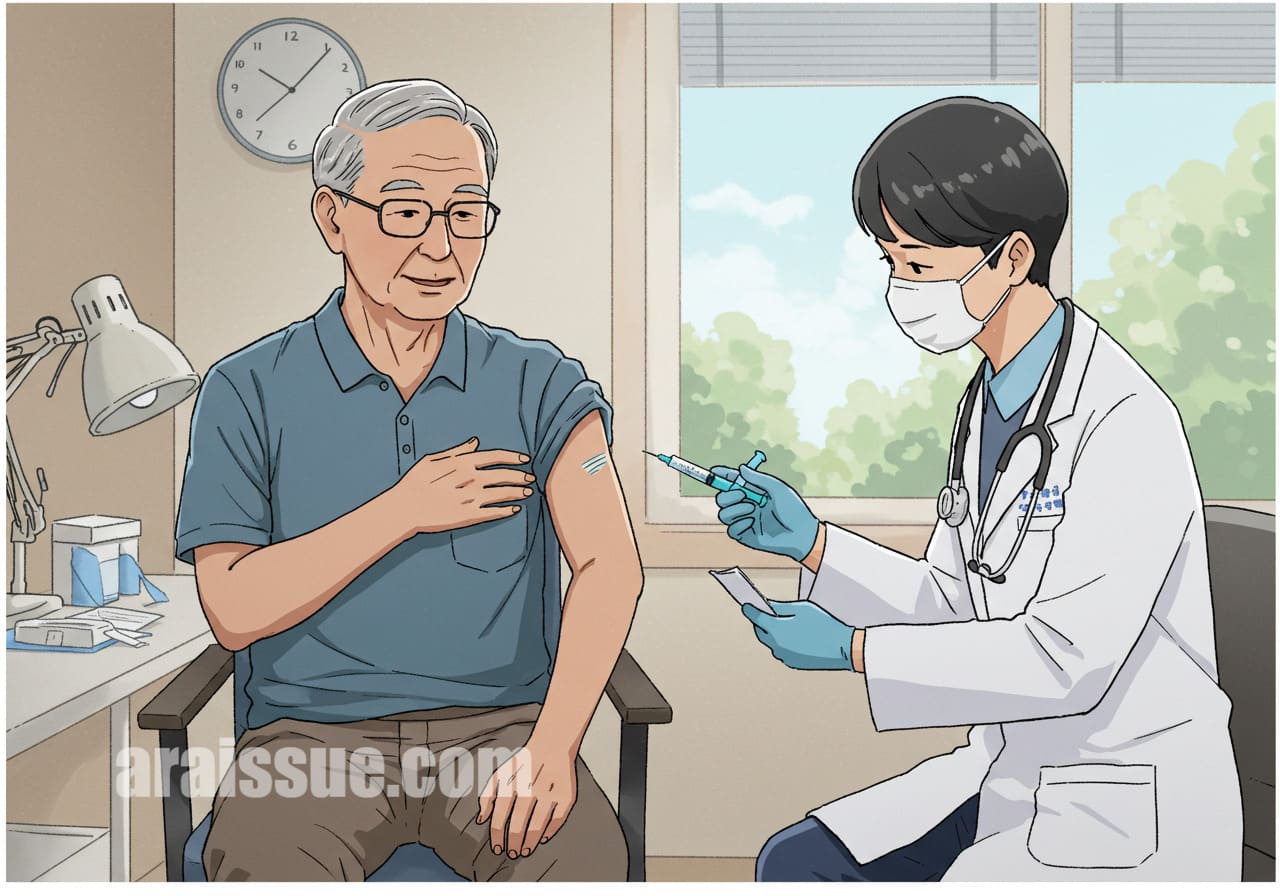 두 가지 백신을 동시에 접종받고 있는 65세 이상 한국 남성, 의사의 설명을 들으며 주의사항을 확인하는 모습