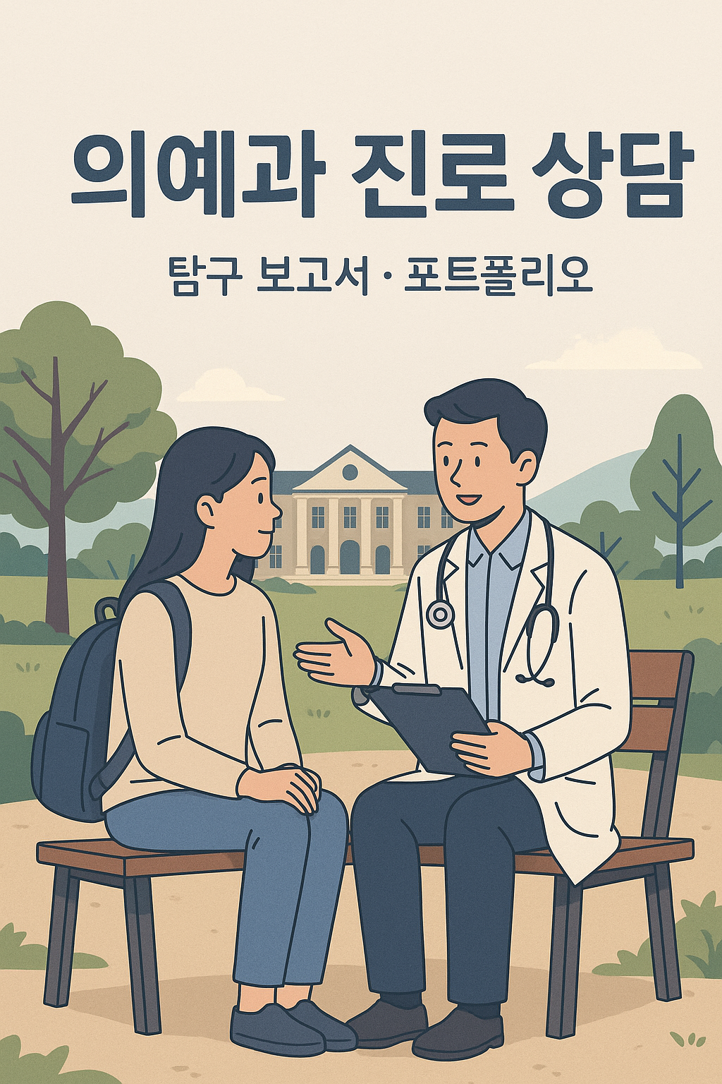 의대 캠퍼스에서 진로 상담을 받는 학생과 멘토의 모습을 담은 이미지