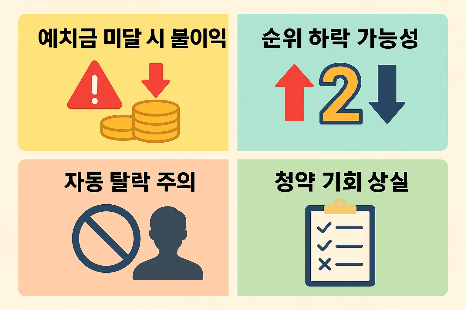 예치금 미달로 인한 순위 하락, 청약 기회 상실, 자동 탈락 등 주요 위험 요소를 시각적으로 설명한 인포그래픽.
