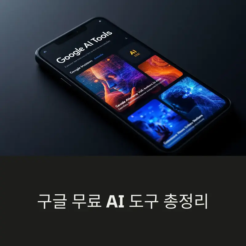 구글 무료 AI 도구를 소개하는 스마트폰 화면과 미래지향적인 인공지능 비주얼, AI 활용 트렌드를 강조하는 대표 이미지