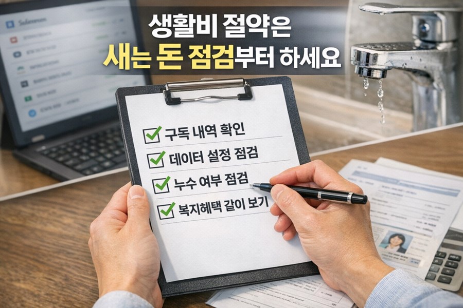 구독료와 데이터 요금, 수도요금, 카드 명세서가 함께 보이며 생활비가 작은 반복 지출로 계속 새는 구조를 설명하는 이미지