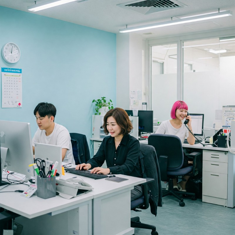 책상 몇 개와 컴퓨터, 사무용품 등이 놓인 한국의 작은 사무실 풍경. 5인 미만 사업장의 일반적인 모습이다.