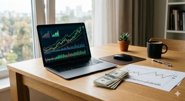 달러 투자 방법을 공부하며 노트북과 달러 지폐를 함께 보는 초보 투자자 모습