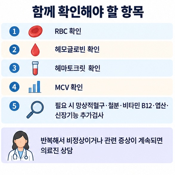 적혈구 검사에서 RBC 헤모글로빈 헤마토크릿 MCV 추가검사를 함께 확인하는 체크리스트 이미지