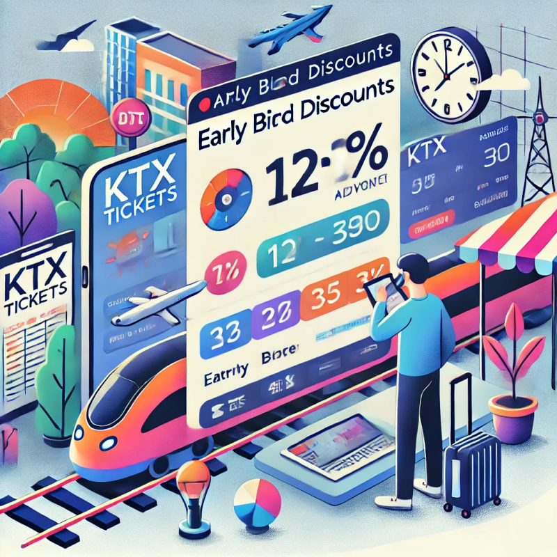조기 예약 할인을 강조하며 디지털 플랫폼에서 KTX 티켓을 예약하는 여행자의 일러스트. 생생한 그래픽과 할인 정보가 돋보이는 디자인.