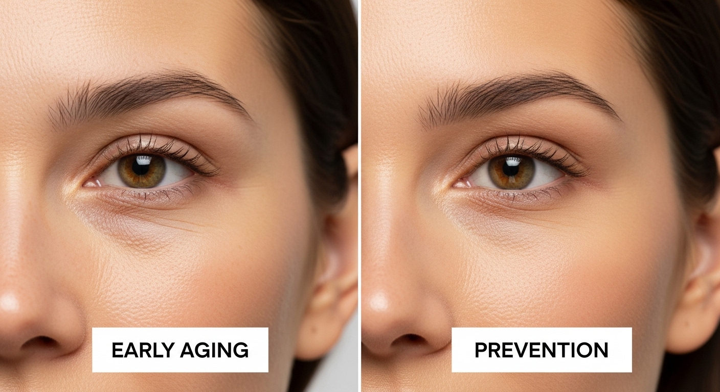 20대 후반 여성의 초기 노화 피부와 관리 후 탄력 있고 생기 넘치는 피부를 비교하는 이미지. 연령대별 피부 관리의 효과를 시각적으로 보여준다.