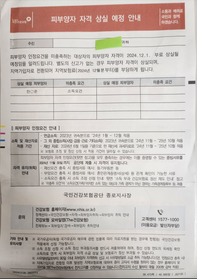 피부양자 자격상실 안내문