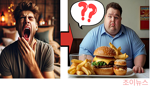 수면이 부족하면 살 찌는 이유 , 7가지: 하품하는 남자와 살 찐 남자