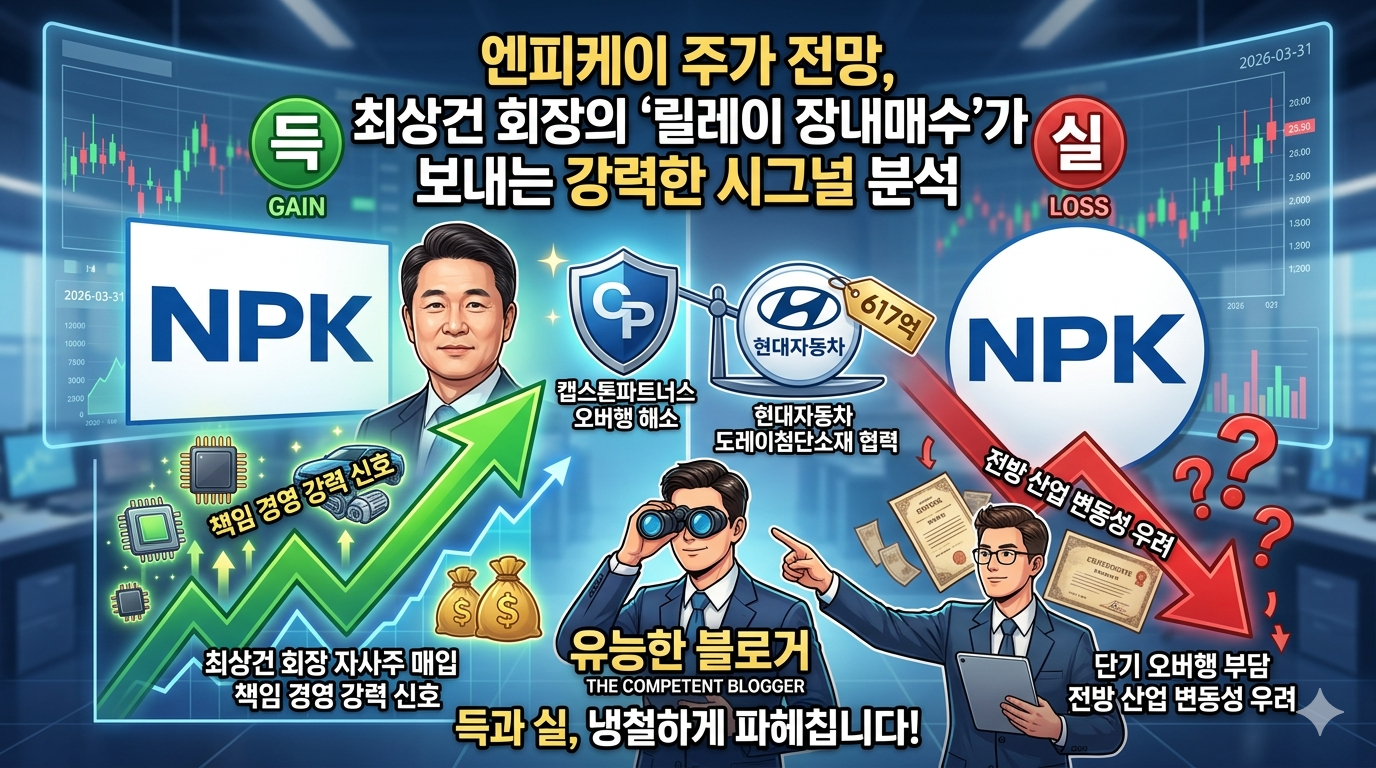 엔피케이 로고와 최상건 회장의 증명사진이 양옆에 배치되고, 중앙에 '2만주 장내매수' 및 '지분율 1.07%' 텍스트가 시각화된 상승하는 주가 그래프와 함께 자신감 넘치는 모습을 보여주는 일러스트입니다.