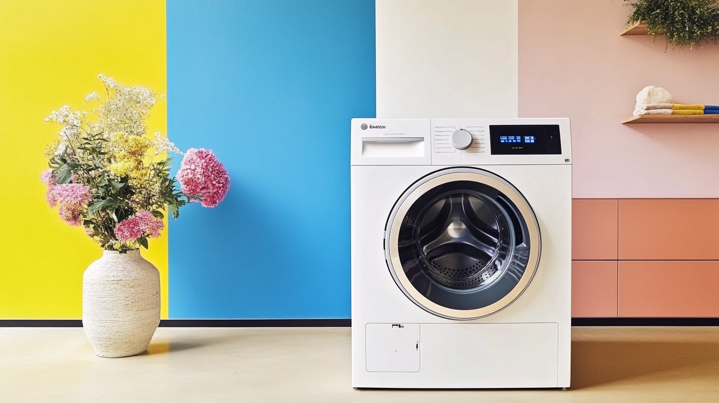 AI 기능이 있는 현대적인 세탁기와 건조기를 갖춘 세련된 인테리어, 부드러운 파스텔톤으로 아늑하면서도 혁신적인 분위기를 강조