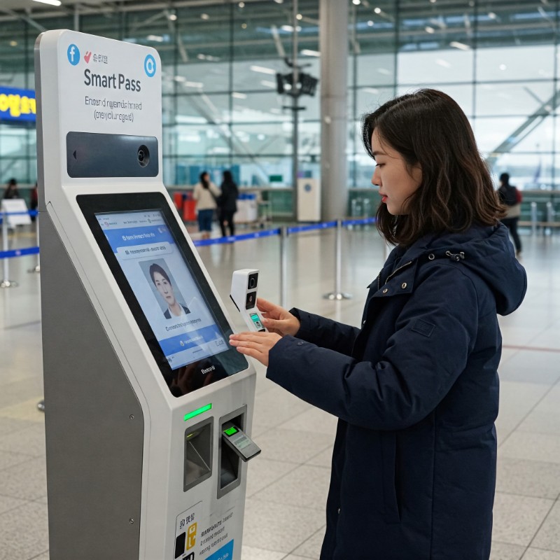 공항 스마트패스 등록 키오스크 앞에서 안면 인식을 등록하는 30대 한국 여성 여행자