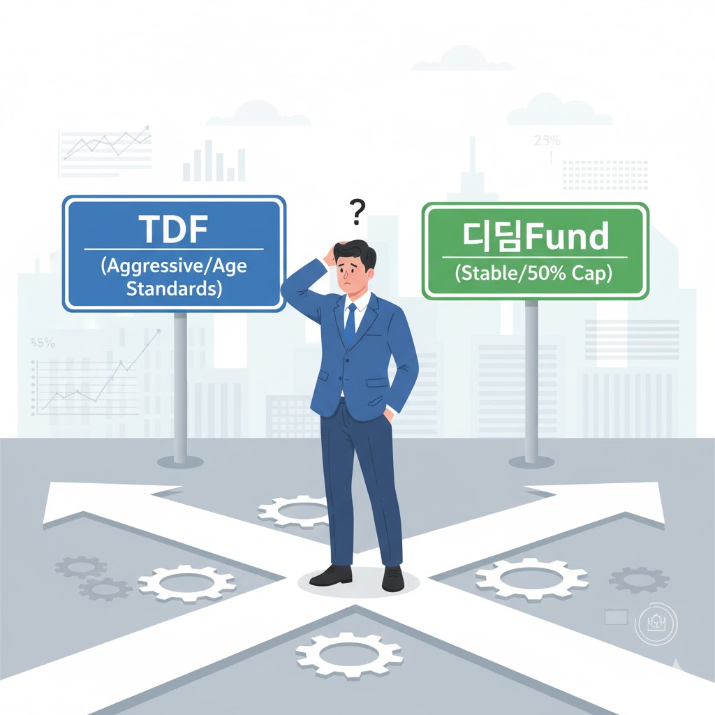 갈림길에 서서 'TDF' 표지판과 '디딤펀드' 표지판을 보며 고민하는 직장인