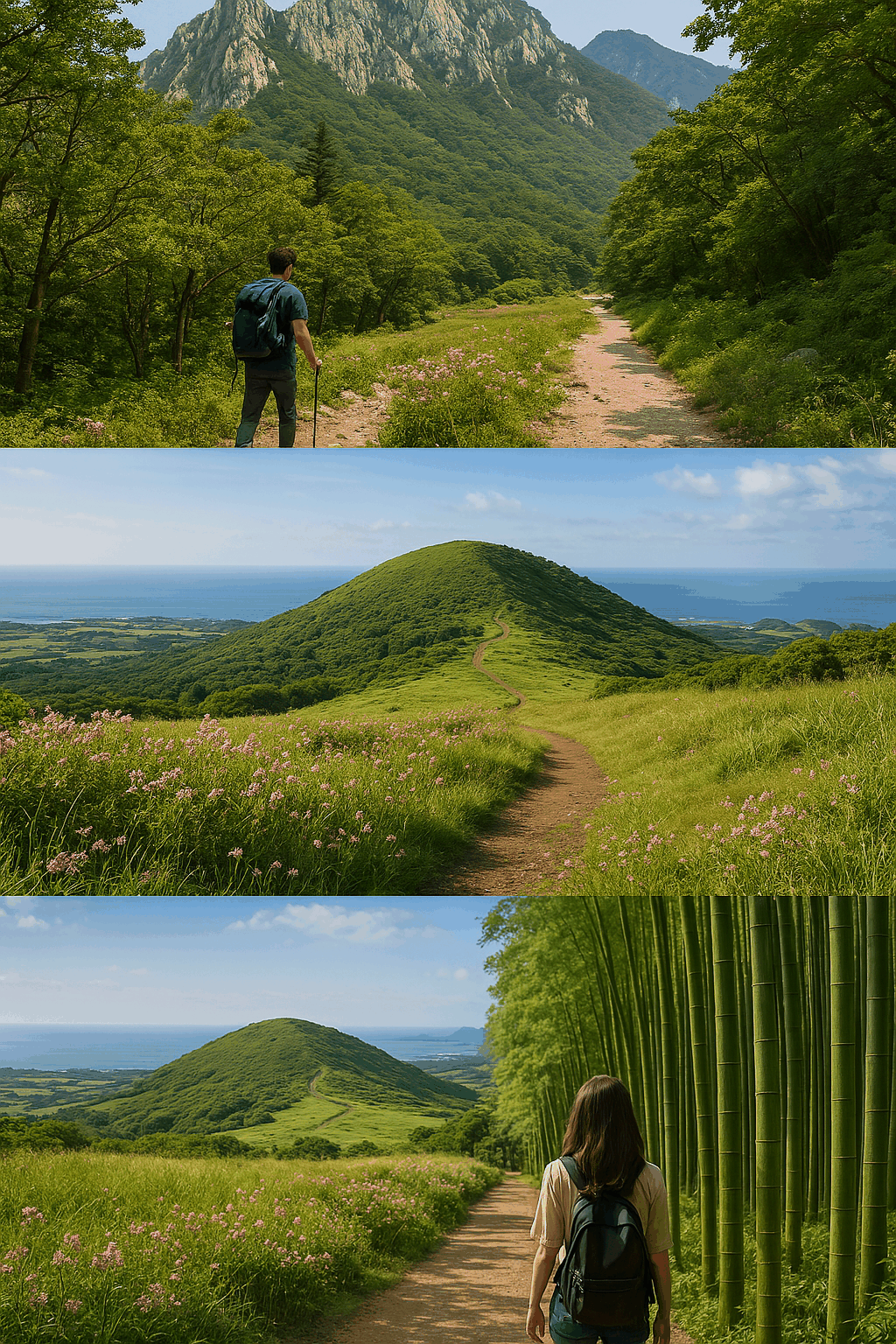 설악산, 제주 오름, 담양 죽녹원의 아름다운 풍경을 담은 한국 자연 힐링 여행지의 실사 이미지