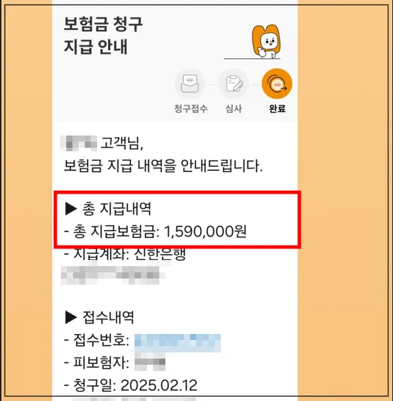 보험금-청구-지급안내-카톡-메세지-총지급금액이-159만원-지급계좌는-신한은행-접수내역-접수번호-피보험자-청구일이-나열됨