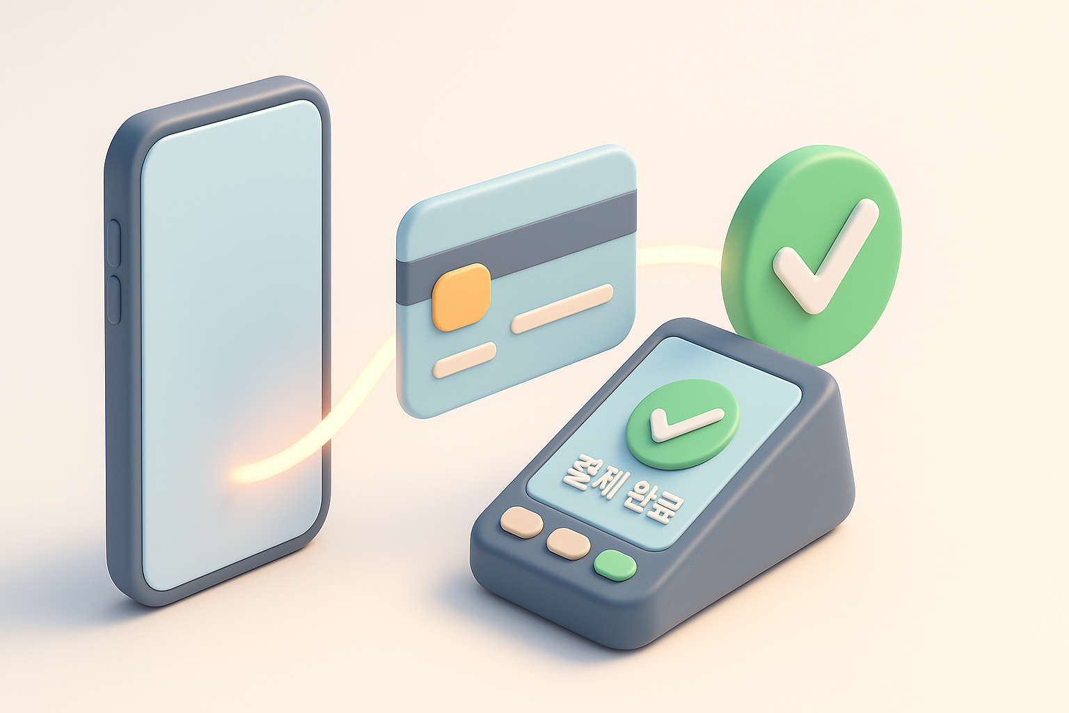간편한 결제 과정을 상징하는 아이콘들 (예: 카드, 스마트폰, 체크 표시)