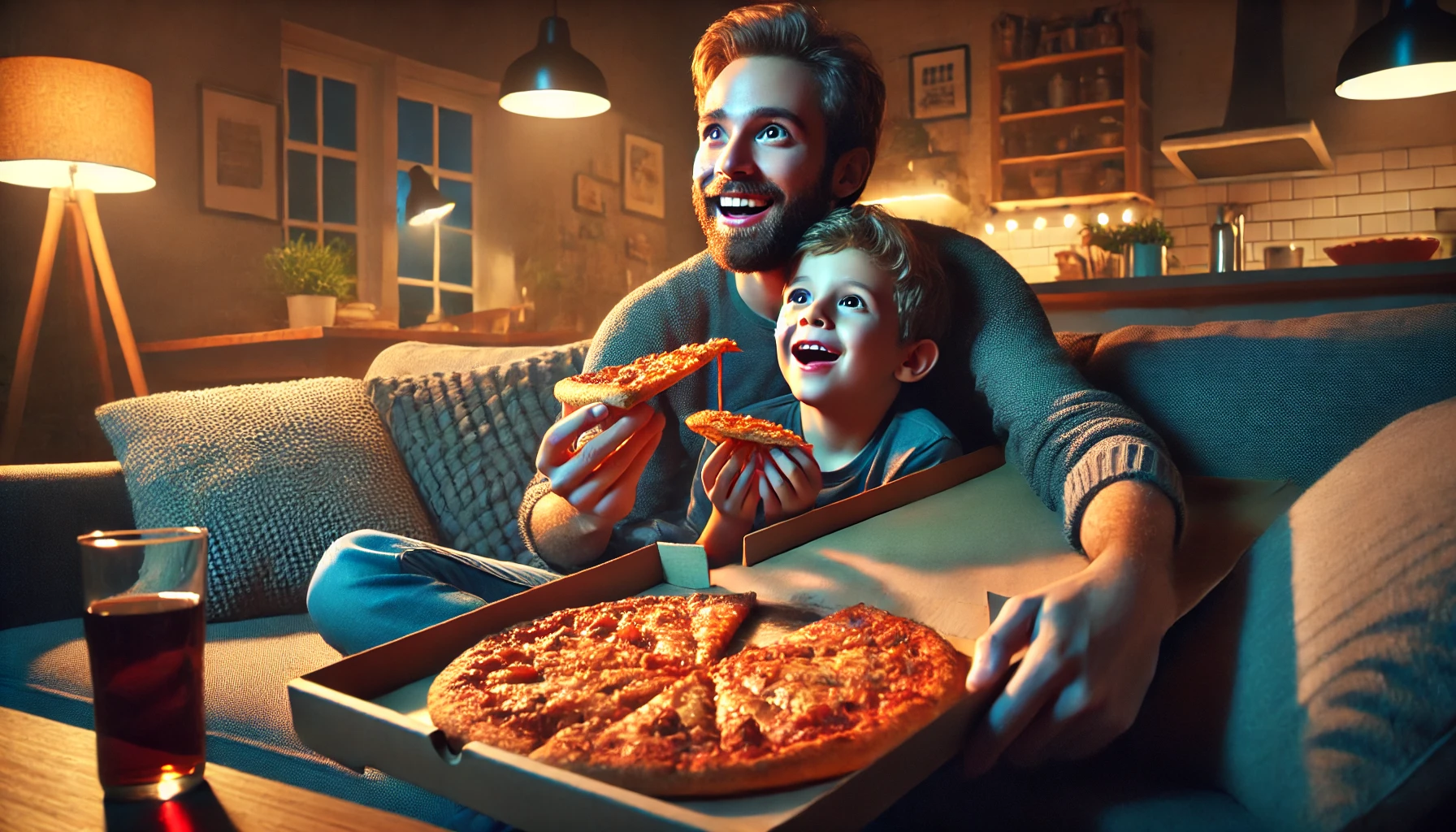 아빠와 아들이 소파에서 피자를 먹으면서 영화를 보고 있는 사진