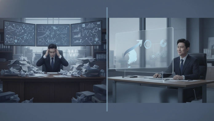 베트남 투자 수익 한국 반입 시 복잡한 세금 및 건보료 문제로 혼란스러워하는 한국인 남성과 전문가의 도움으로 해결책을 찾고 안정된 모습의 한국인 남성을 비교하는 이미지