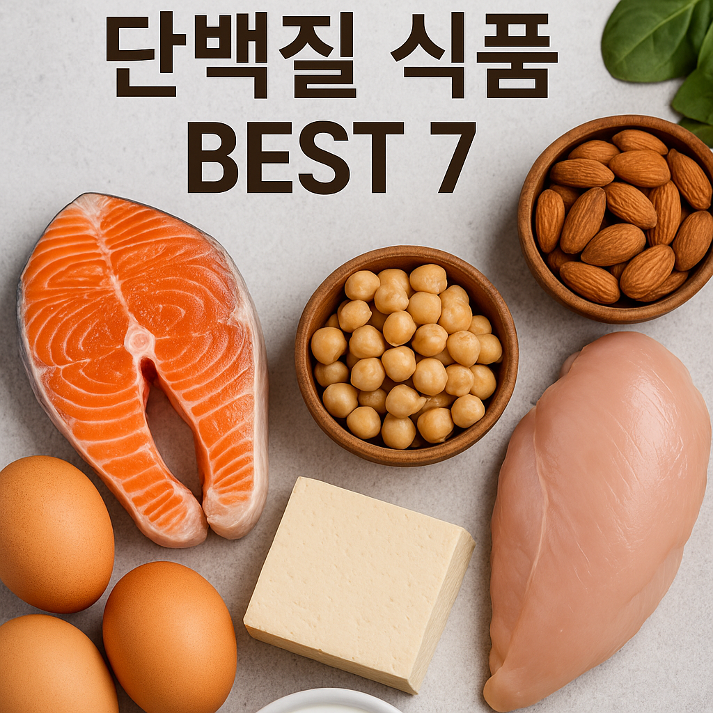 “연어, 닭가슴살, 두부, 병아리콩, 견과류, 달걀 등 단백질 식품이 깔끔하게 배치된 실사풍 이미지. 상단에 ‘당뇨에 좋은 단백질 식품 BEST 7’이라는 제목이 적혀 있다.”