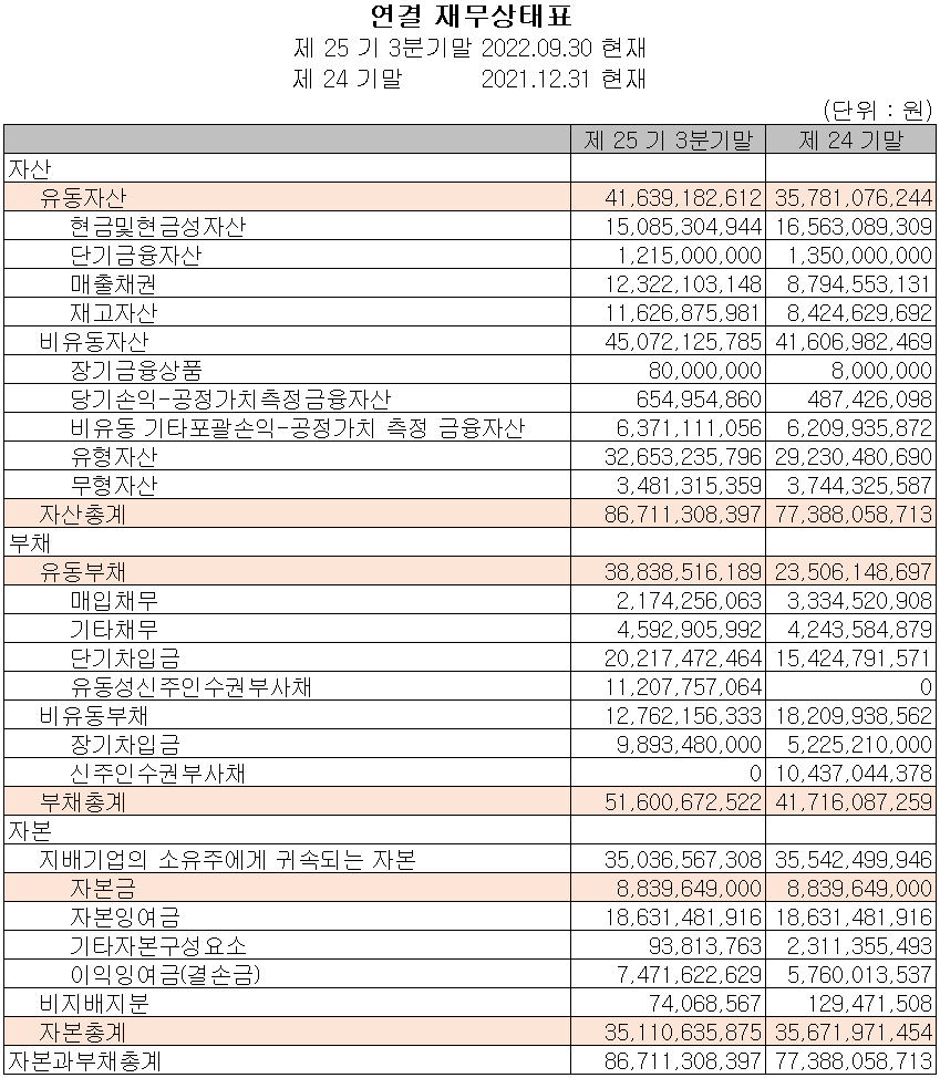 오킨스전자 - 재무상태표