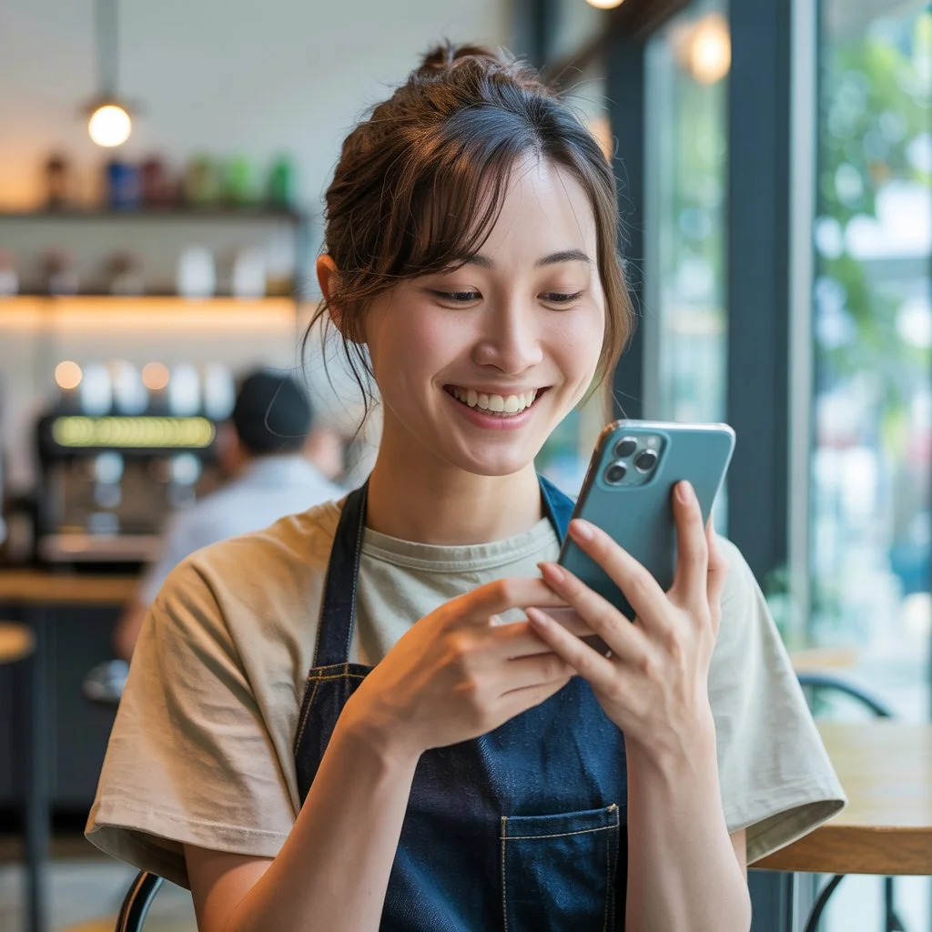 스마트폰확인하며웃는여성