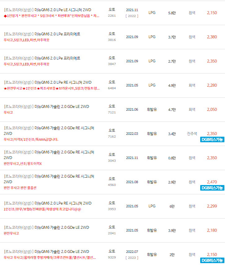 2021~2023년식 더 뉴 QM6 중고차 시세