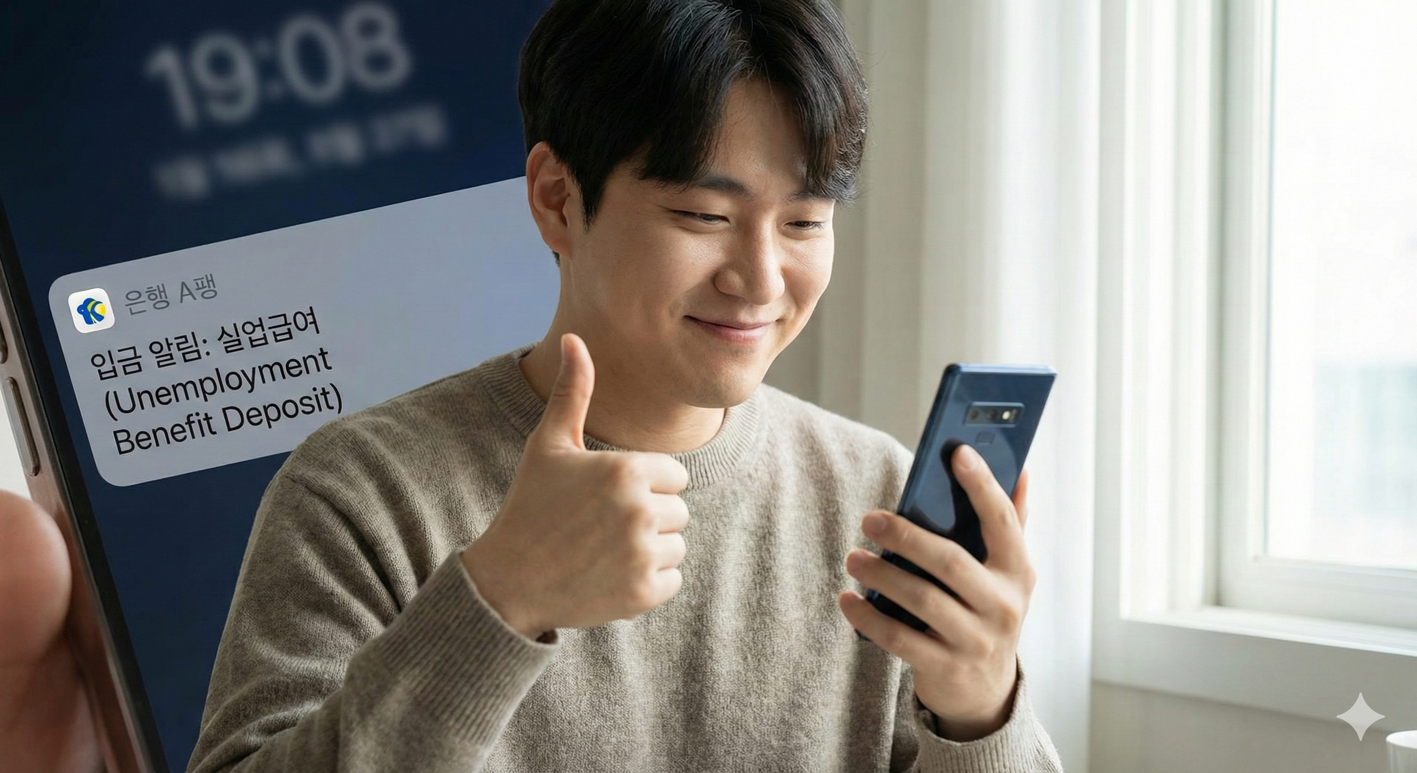스마트폰 뱅킹 앱에 '실업급여 입금' 알림이 뜬 화면을 보고 안도하며 엄지를 치켜세우는 모습