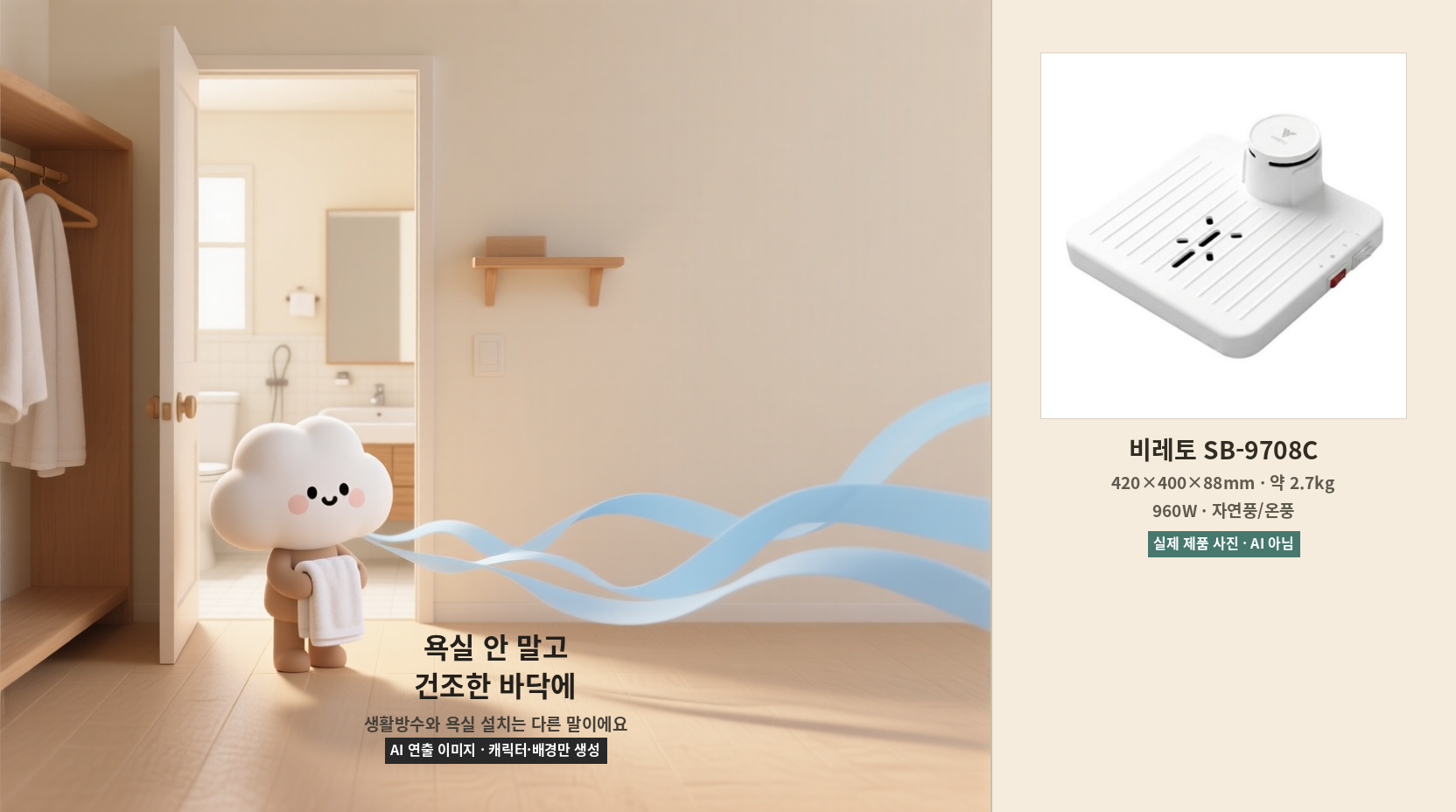 욕실 밖 건조한 바닥에서 바디드라이어 사용을 고민하는 구름 캐릭터와 비레토 SB-9708C 실제 제품 사진을 합성한 AI 연출 이미지