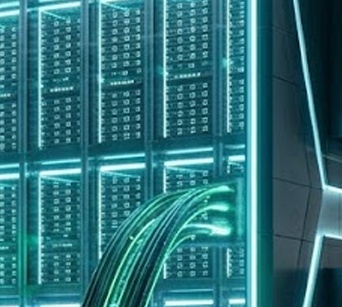 AI 데이터센터와 대형 변압기가 에너지 케이블로 연결된 미래 지향적인 야경 이미지입니다.