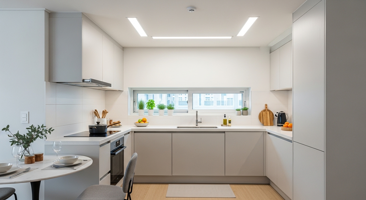 성북구 신축 쓰리룸 아파트의 현대적인 주방. 환기를 위한 작은 창문과 깔끔한 조리 공간이 특징입니다.(이해를 돕기 위해 첨부된 이미지이며, 본문 내용과 무관합니다.)