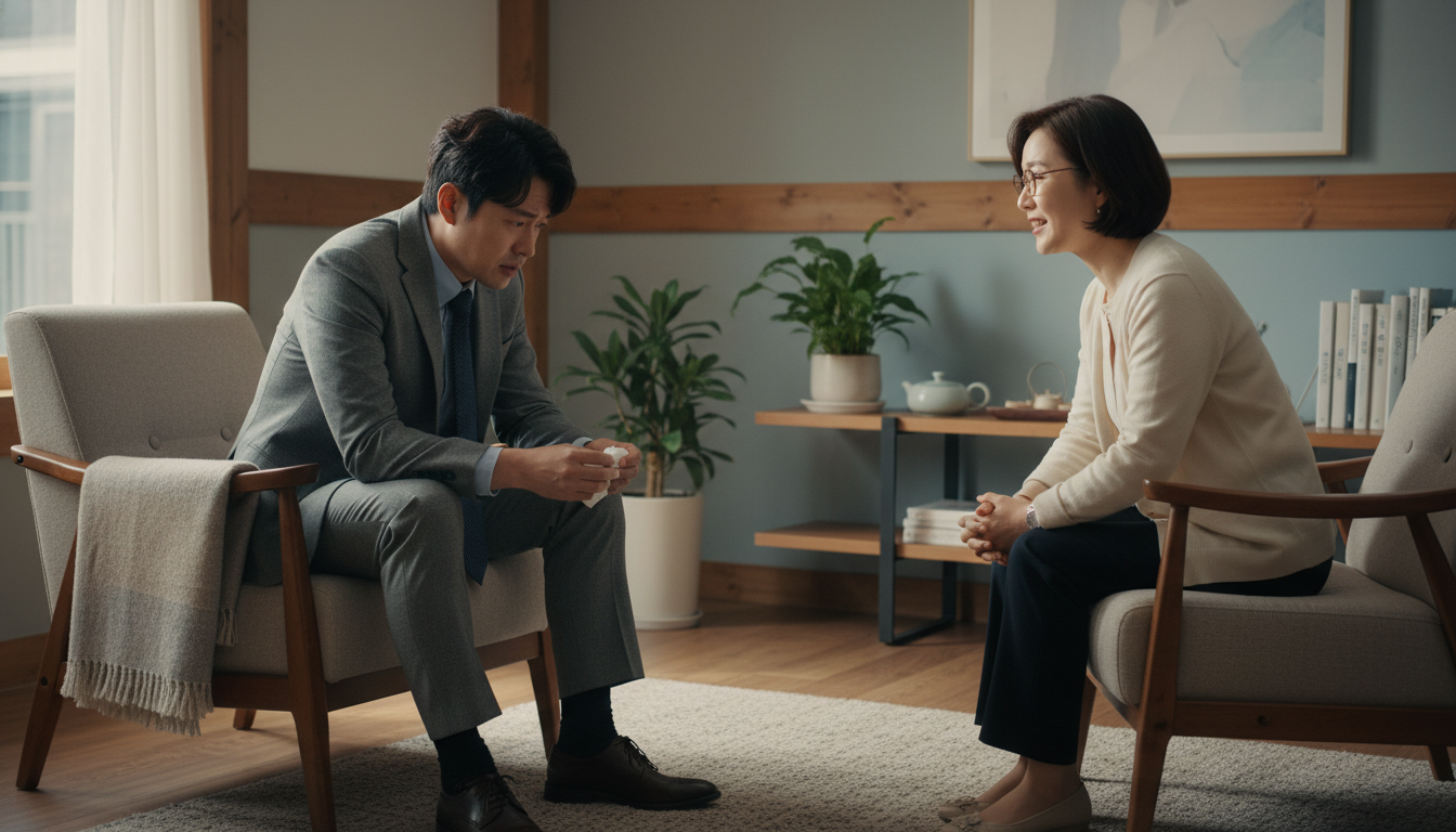 서울의 아늑한 상담실에서 전문 상담사와 이야기를 나누며 위로를 얻고 있는 30대 한국인 직장인의 모습