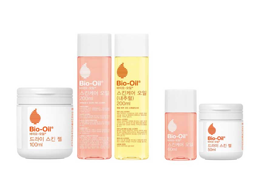 오른쪽부터 바이오오일 스킨젤, 오일, 내추럴오일 기본용량 / 오일, 스킨젤 작은용량