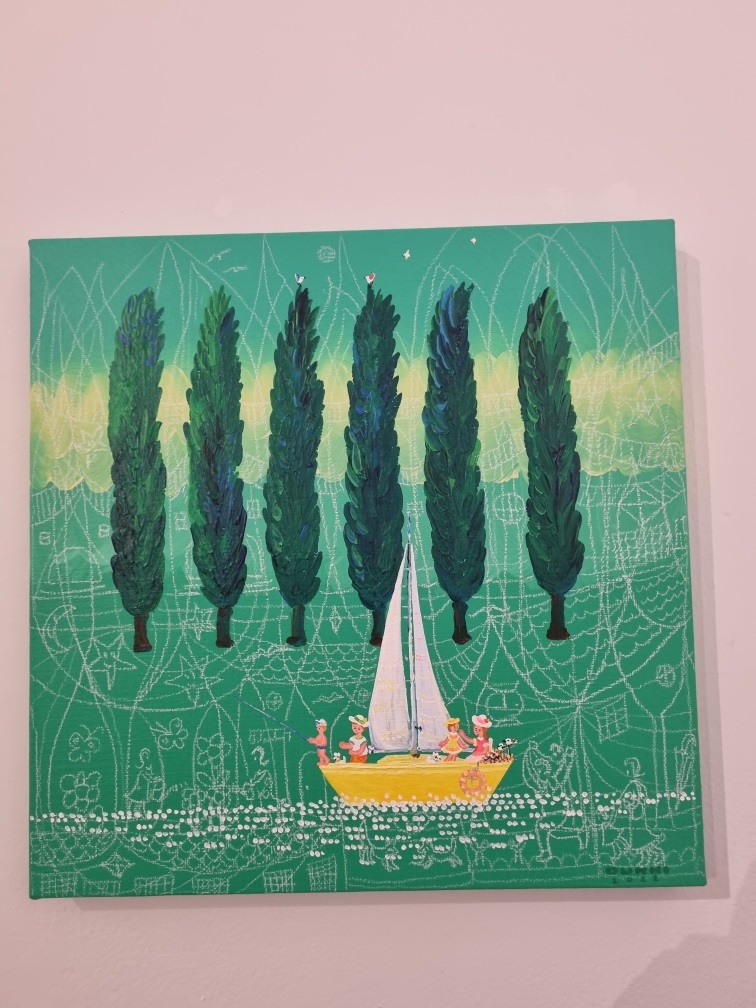 김덕기화백 전시그림&amp;#44; 사이프러스난무와 요트와 가족이 있는 그림