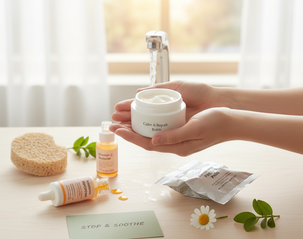 예민해진 피부, '멈춤과 진정'이 필요할 때: 복잡한 관리 대신 저자극 보습 크림 하나로 피부를 쉬게 하는 모습