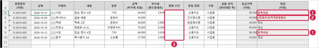 붙여 넣은 직후: 중복의심&middot;3만원 초과 경고, 결제 수단 빈칸