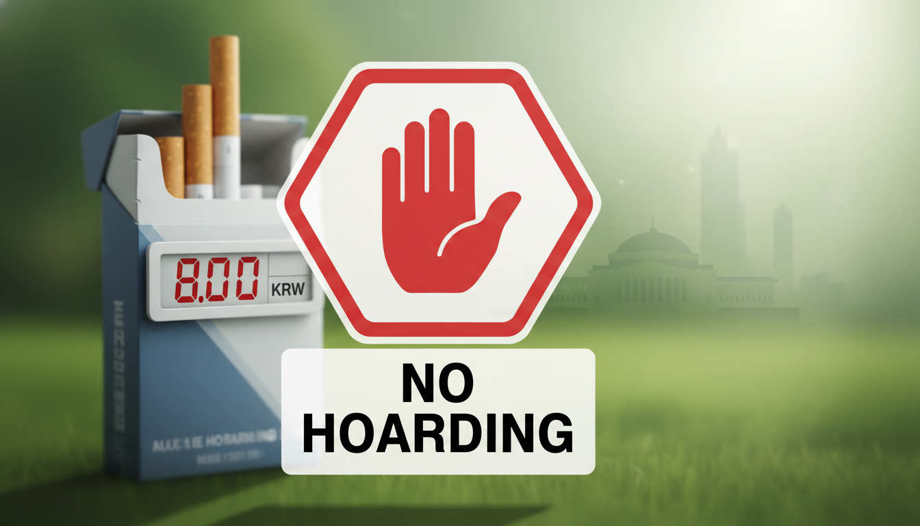 2026년 담뱃값 8천원 인상 가능성에 대한 경고와 사재기 금지 표지판이 함께 있는 모습