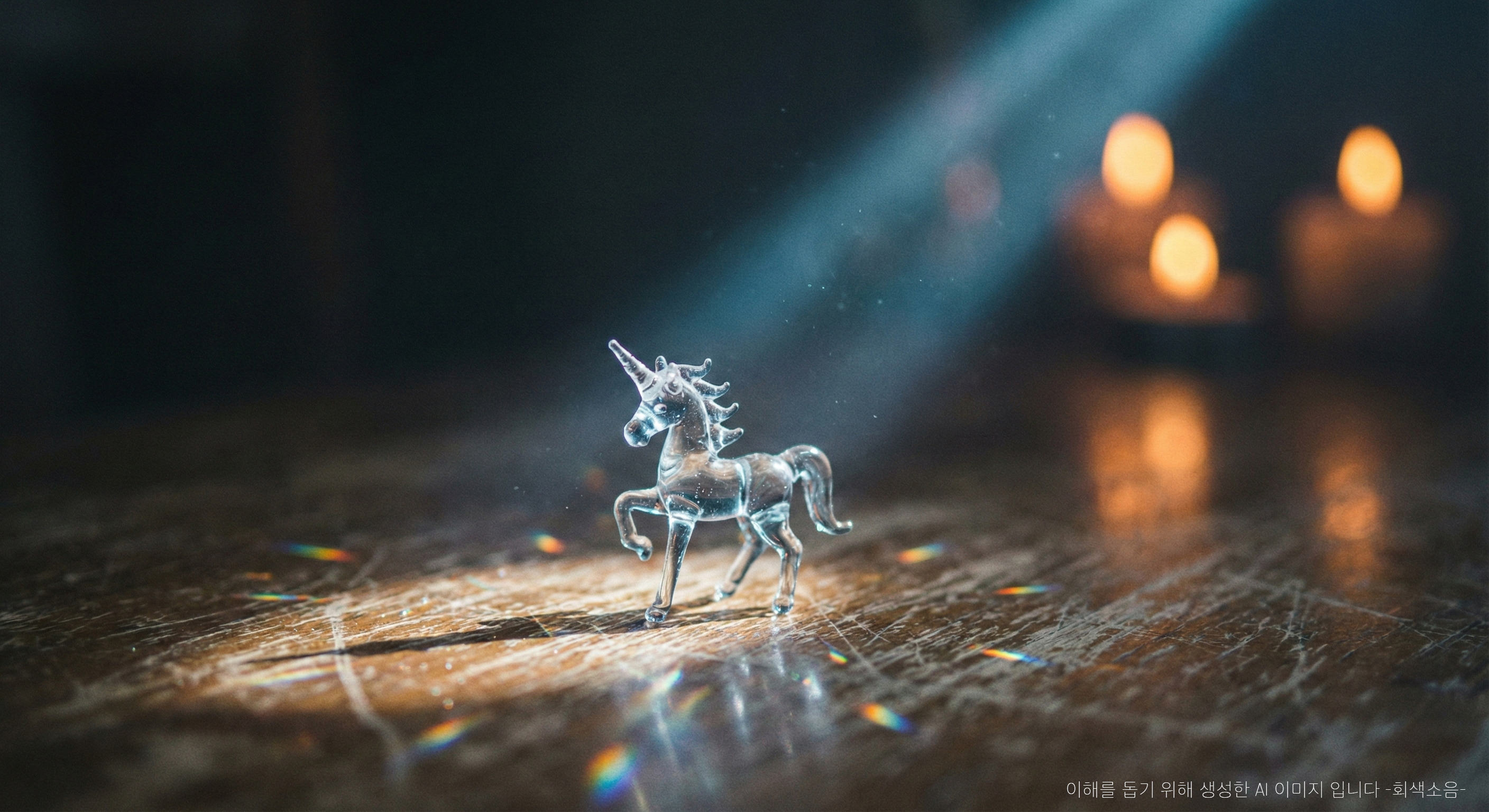 낡은 나무 테이블 위의 작은 유리 유니콘 피규어에 차가운 달빛이 비치며 반짝이는, 어둑한 배경과 촛불 보케가 대비된 빈티지 무드의 클로즈업 사진.