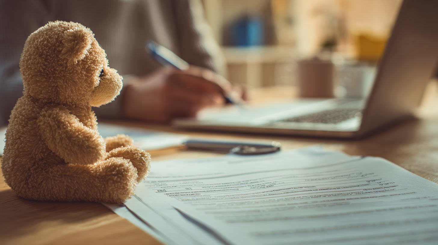 책상 위에서 육아휴직 급여 신청서를 작성 중인 한국 부모