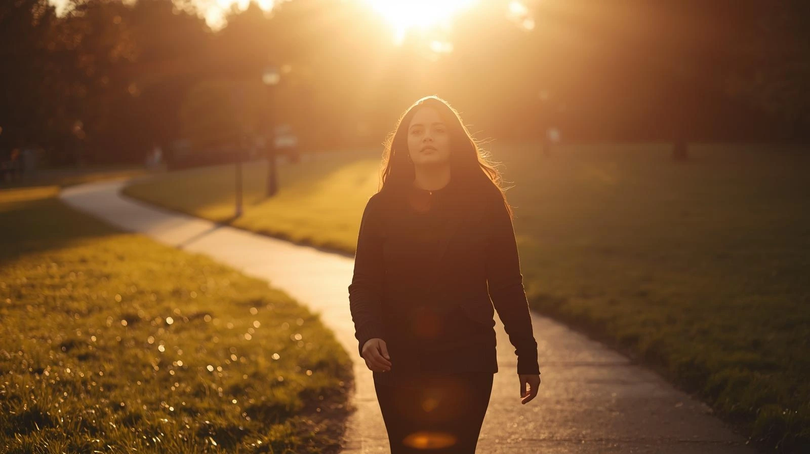 공원에서 아침 햇살을 받으며 걷는 사람