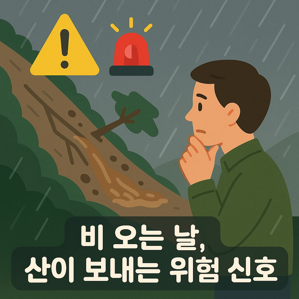 흙탕물과 기울어진 나무 산사태 조짐